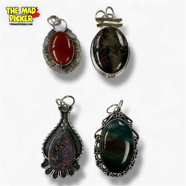 4 New Natural Stone Pendants in Silver Settings - all stamped .925  - 2 have gold-tone accents (Carn