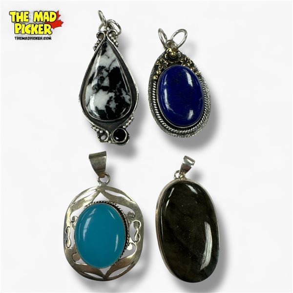 4 New Natural Stone Pendants in Silver Settings - all stamped .925  - 1 has gold-tone accents (Chalc
