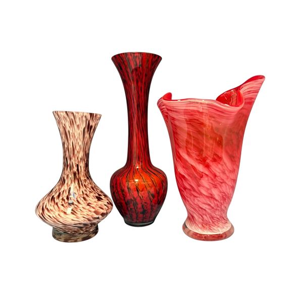 Collection of 3 Art Glass Vases Speckled Design Tallest 8 Inches