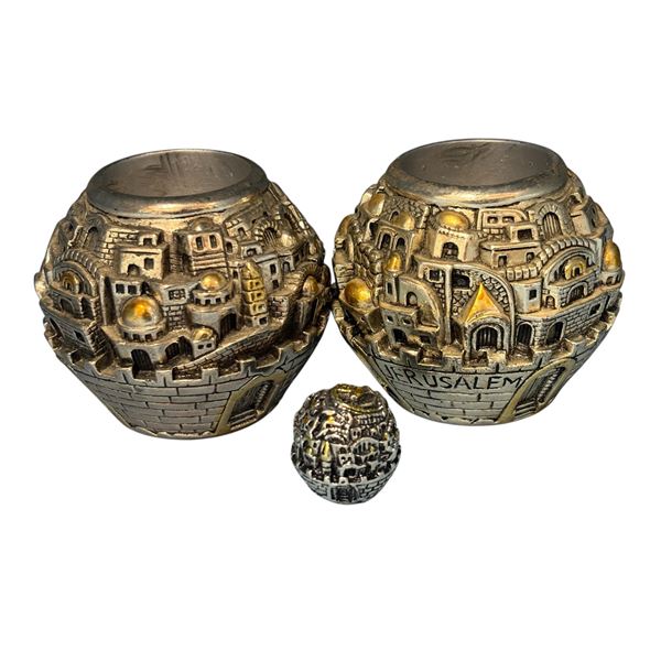 Trio Karshi Silver-Clad Candlestick Holders and Paperweight 3-Inch .925 Stamped