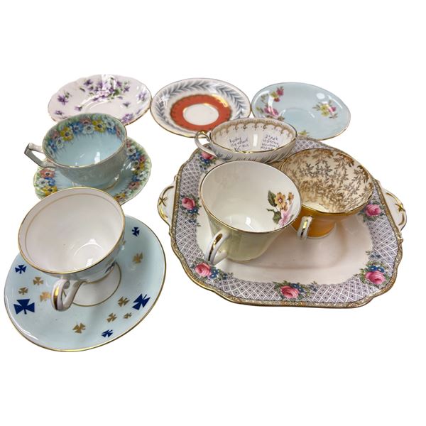 Set of 3 Matching Aynsley Teacups and Saucers with Serving Plate and Two Extra Tea Cups