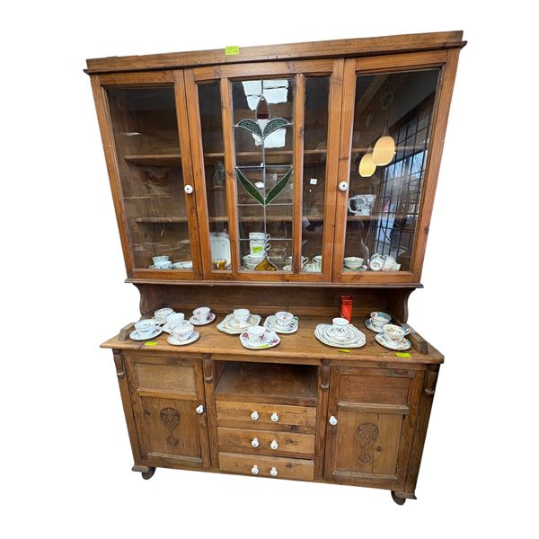 Antique English 60-Inch Kitchen Dresser with Stain Glass Panels Two-Piece Unit