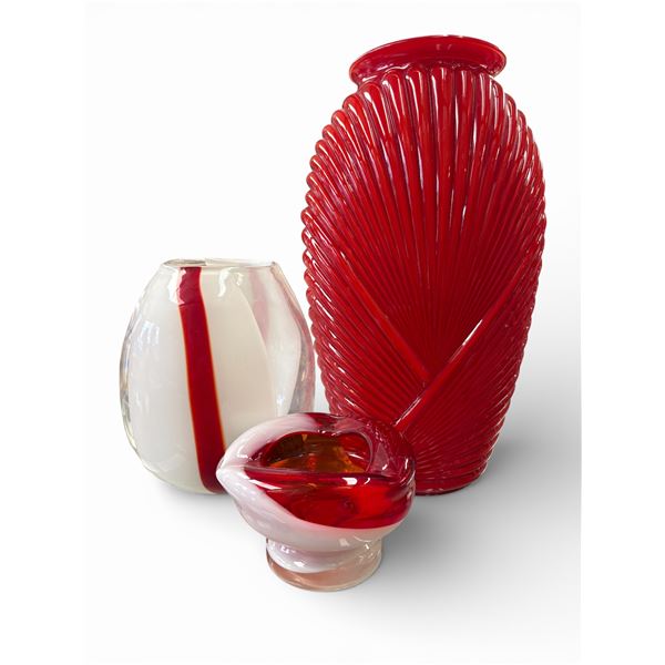 Collection of 3 Red Art Glass Vases and Bowls Tallest 12.75 Inches