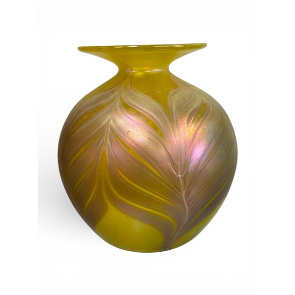 Arte Vargas Art Glass Vase 6.5 Inch Iridescent Yellow Pulled Feather Pattern