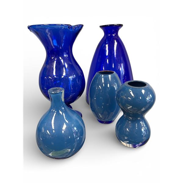 Assorted Hand Blown Blue Art Glass Vases and Painted Mid-Century Modern Set