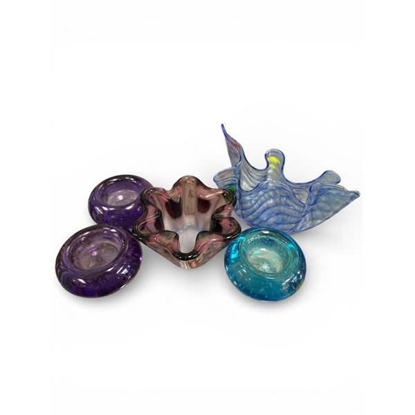 5-Piece Art Glass Collection: Arte Vargas Blue Catchall, Purple Vase, 3 Candle Holders
