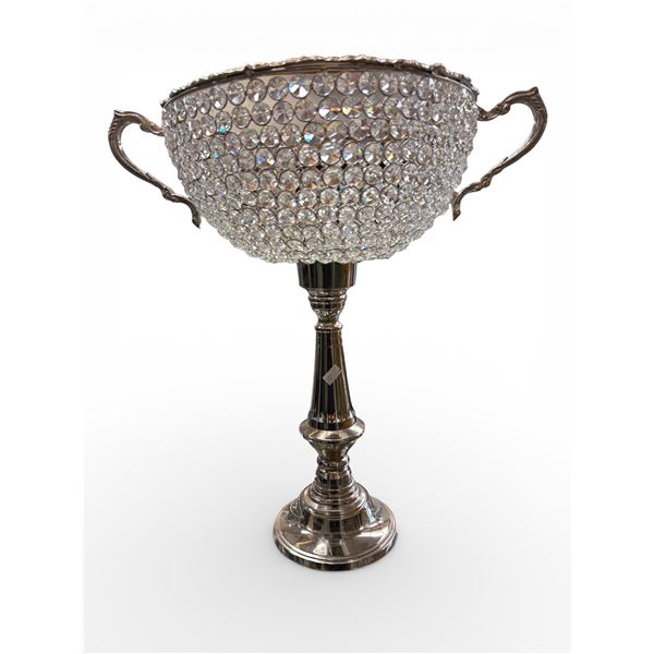 18" Tall Silver-Tone Crystal-Beaded Pedestal Bowl with Scrolled Handles