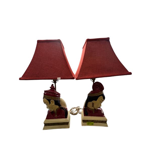 1940s Art Deco Style  Asian Prince and Princess Chalkware Lamps 26-Inch Hand-Painted