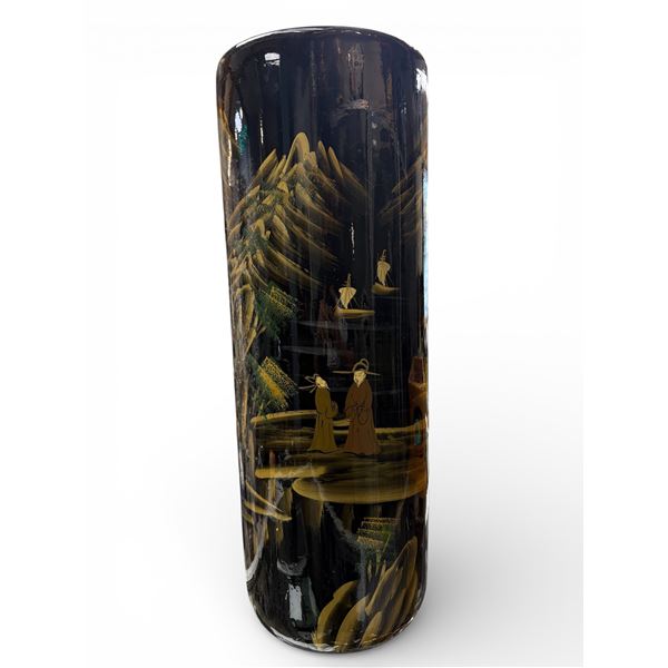 Black and Gold Chinese Mountain Scene Tall Vase Umbrella Holder 23.5 Inch