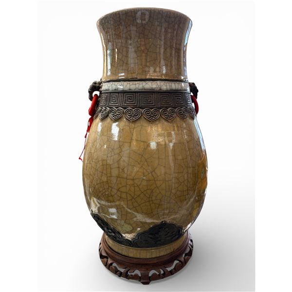Chinese Antique-Style Ceramic Jar 18-Inch Crackle Glaze Asian Motifs