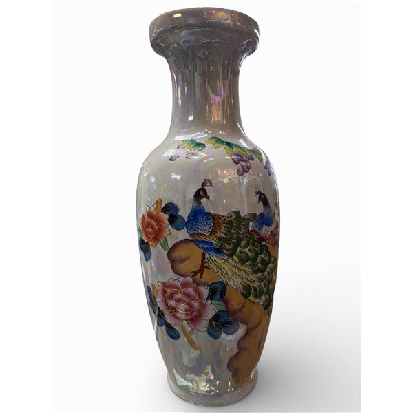 Chinese-Style Porcelain Vase 24-Inch Hand-Painted Peacocks Birds Flowers