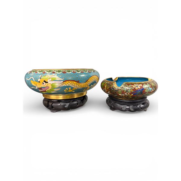 Set of 2 CloisonnÃ© Pieces 6.25 Inch Dragon Motif Bowl and Floral Motif Ashtray