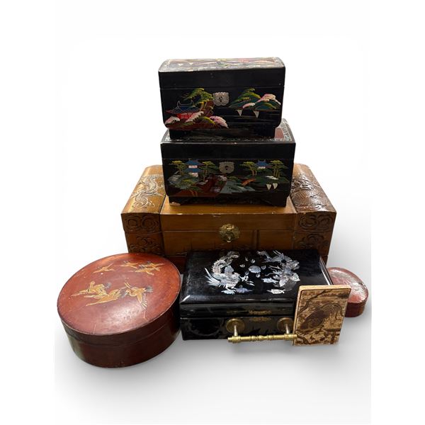 Collection of 7 Assorted Asian Jewelry and Decorative Boxes Mixed Materials and Styles