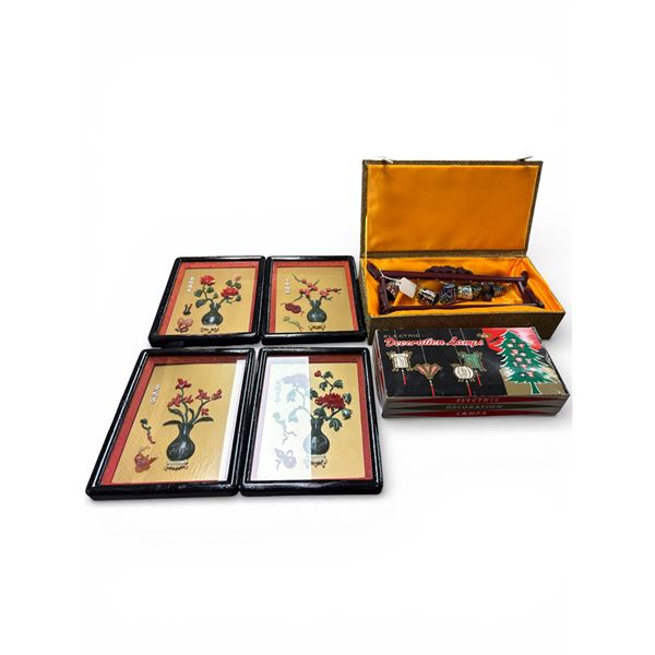 Set of 4 Chinoiserie Stone Artwork Panels, Cloisonne Bells, and Vintage Lantern String Lamps