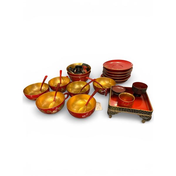 Vintage Japanese Lacquerware Set Red and Gold Hand-Painted Floral Design