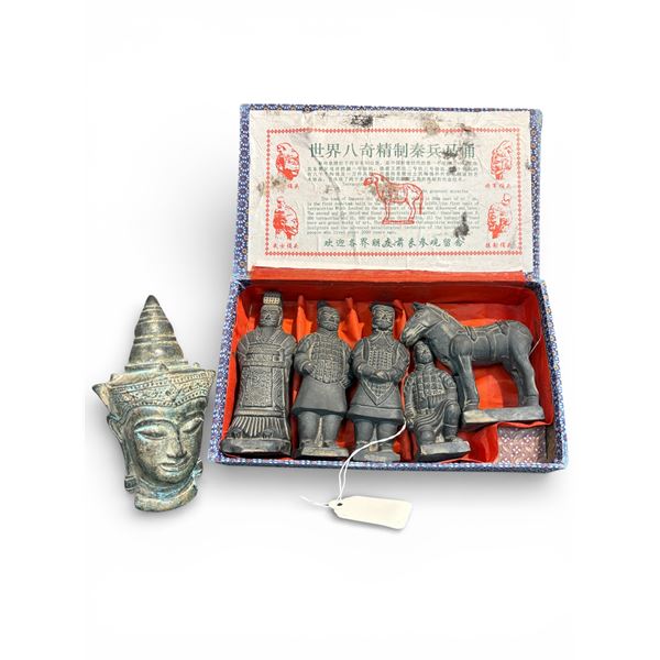 Bronze Buddha Head Bust 5 Inches and Terracotta Warrior Figures Set