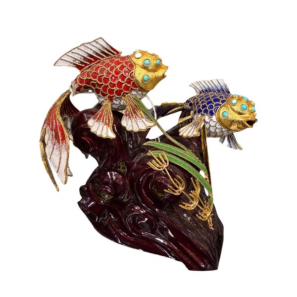 Vibrant Cloisonne Style Enameled Sculpture Featureing Two Koi Fish 5.5" Tall