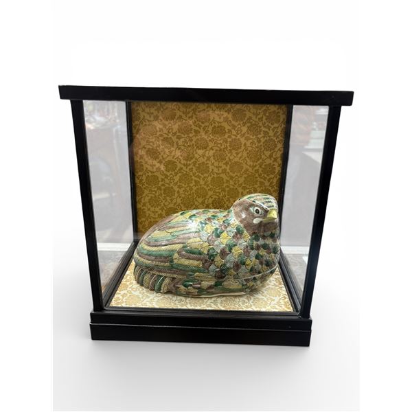 Antique Chinese Famille Verte Porcelain Nesting Quail Box Qing Dynasty 19th Century