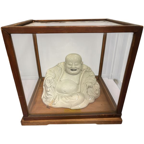 Vintage Blanc De Chine Laughing Buddha Porcelain Figurine in Display Case
