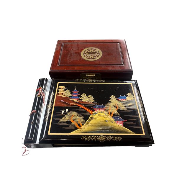 Locking Chinese Wood Box 12x8x3 Inches and Black Lacquer Photo Album