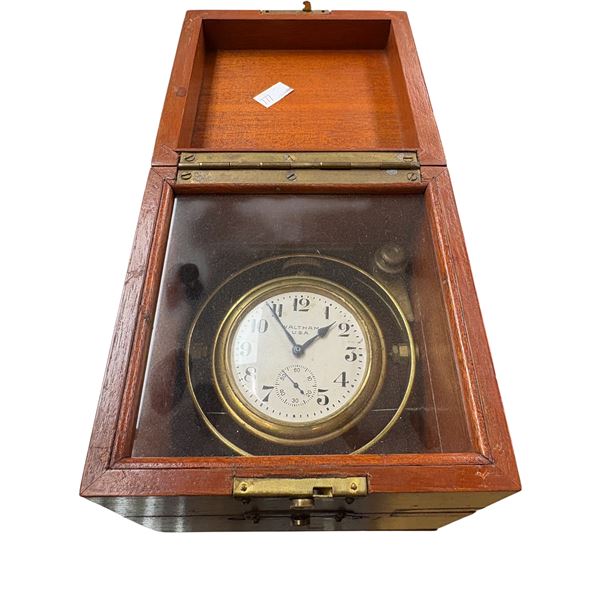 Waltham USA Vintage Brass Deck Watch in Wooden Box with Gimbal Mount