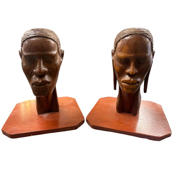 Pair of 12-Inch Vintage African Carved Wooden Bust Sculptures Hardwood Tribal Art