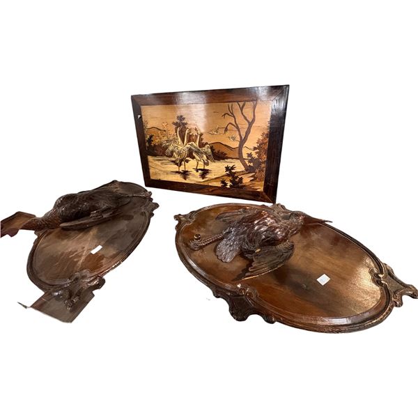 Set of Two Wooden Birds on Signed Plaques & Asian Inlaid Wooden Stork Plaque 17.5x11.5"