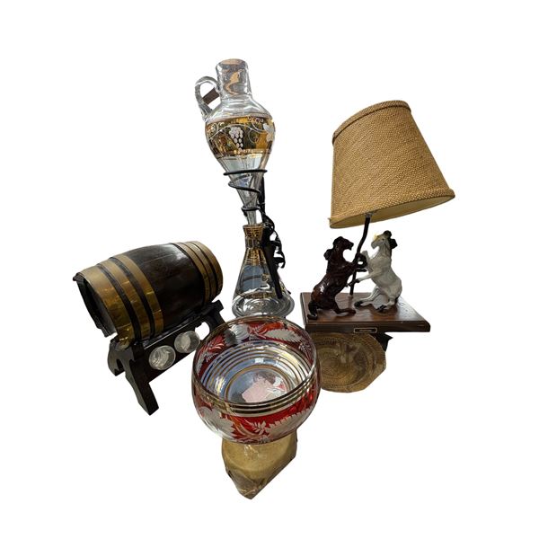 1970s Bohemia Ruby Crystal Bowl, Wine Stand 21" Tall, Barrel & Horse Lamp