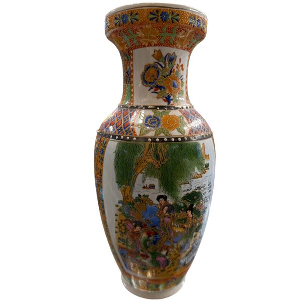 Japanese Satsuma Style Fluted Ceramic Vase 12 Inch Hand-Painted
