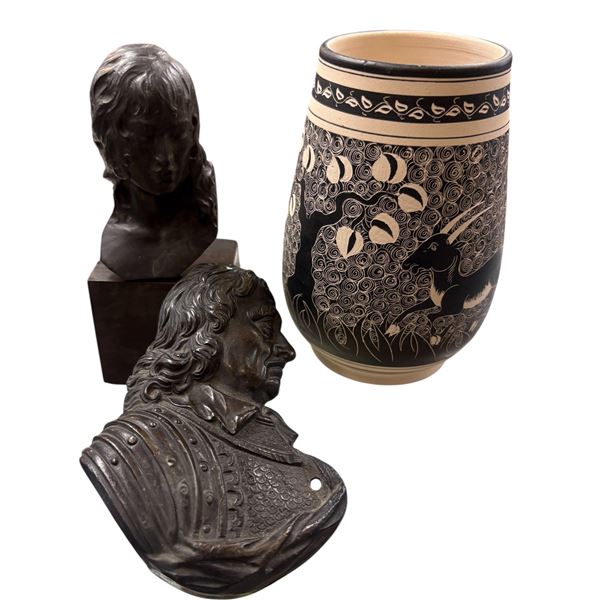 Bronze Bust of Rose Beuret, Bronze Relief of Cromwell, Cypriot Pottery Vase 5.5 Inch Tall