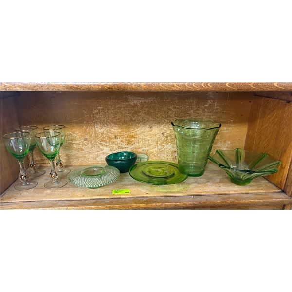 Assorted Green Art Glass Collection of 9 Pieces Tallest 7 Inches