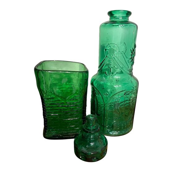 Vintage Collection of Green Glass Art Glass: Vases and Bottle 11" Tall