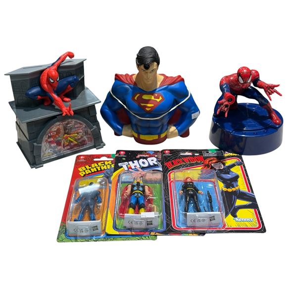 Black Widow and Thor Action Figures, Superman and Spider-Man Banks, Spider-Man Toy
