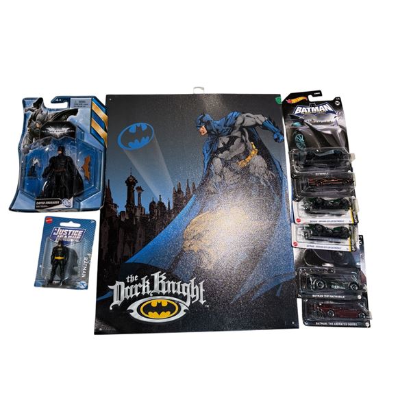 Batman Collection - 2 Figures, 6 Hot Wheels Batmobiles, Tin Sign Assortment