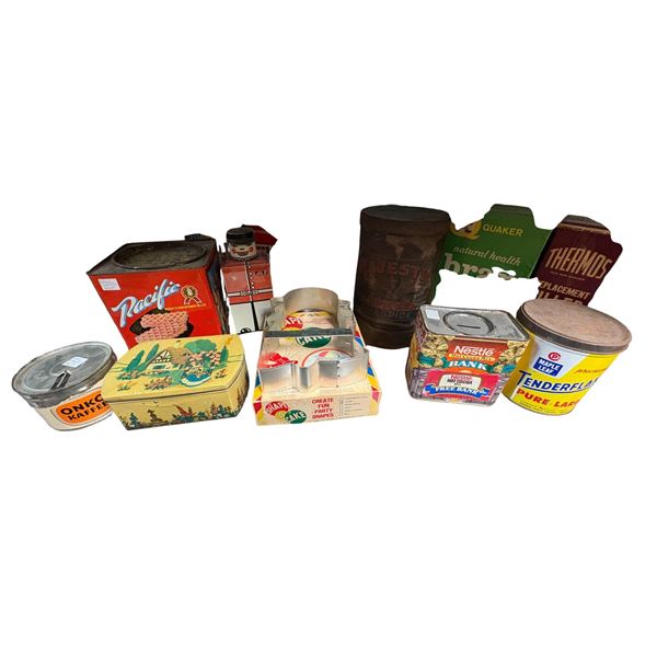 Vintage Tin Collection Featuring Nestle, Tenderflake, Onko Kaffee, Majesty, and Pacific