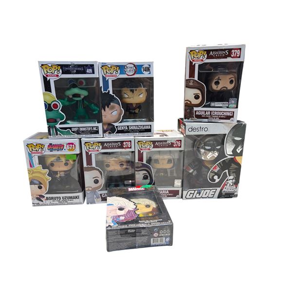 Lot of 7 Funko Pop Figures & Funko Pop Pin, Boruto, Demon Slayer, Assassin's Creed, Marvel & GI Joe