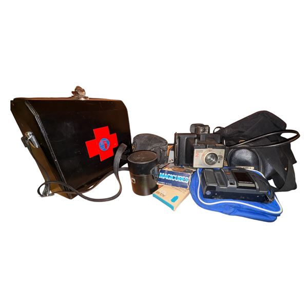 Collection of Vintage Camera Gear Including Lenses, Flash, and Accessories