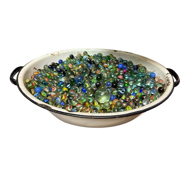 Large Wash Basin with Assorted Vintage and Antique Marbles Multicolored Glass