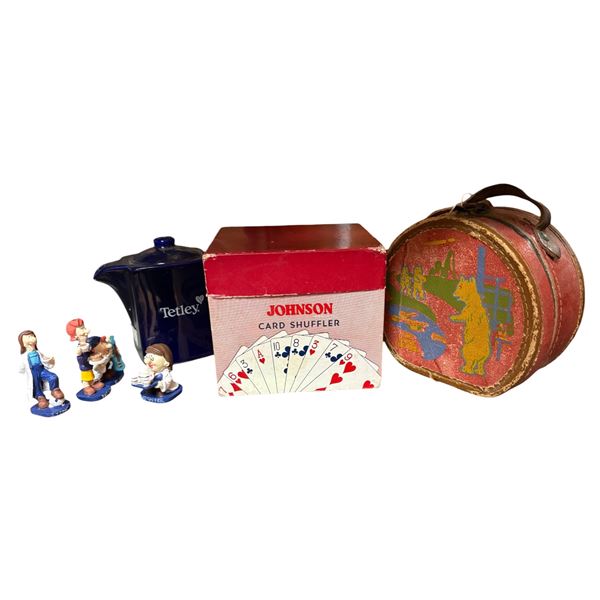 Tetley Tea Figurines, Teapot, Johnson Card Shuffler, and 'Three Bears' Hard Case Bag