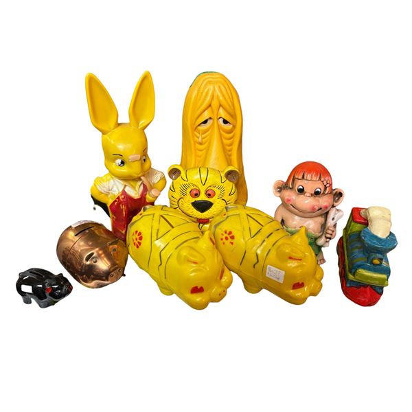 Assorted Piggy Bank Collection Ceramic, Plastic, and Metal Mixed Styles and Eras