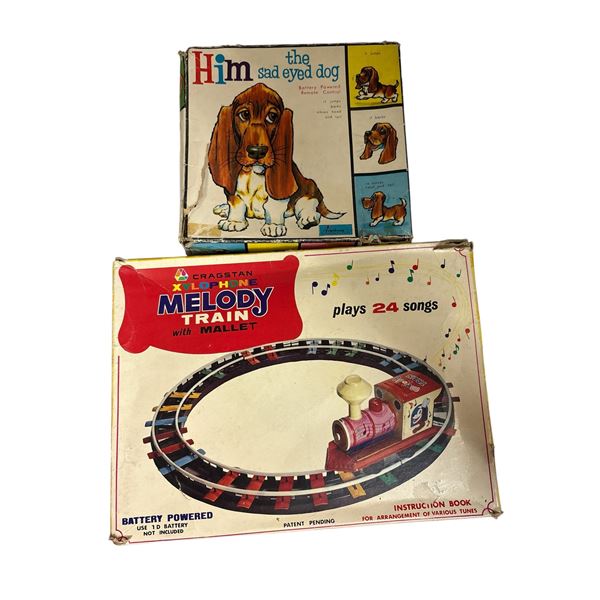Vintage Him the Sad Eyed Dog Plush Cragston Xylophone Melody Train Tin Toy