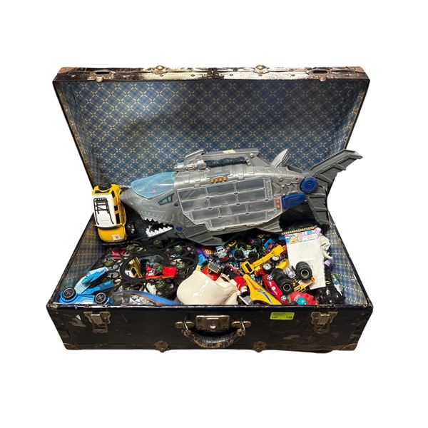 Vintage Treasure Chest Style Luggage with Assorted Diecast, Transformers and Toys