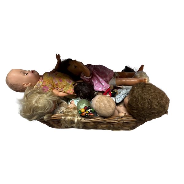Assorted Vintage Dolls Mixed Makers Materials and Eras with Basket