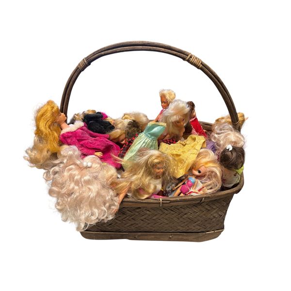 Vintage Barbie Dolls with Clothing and Accessories in Basket Assortment