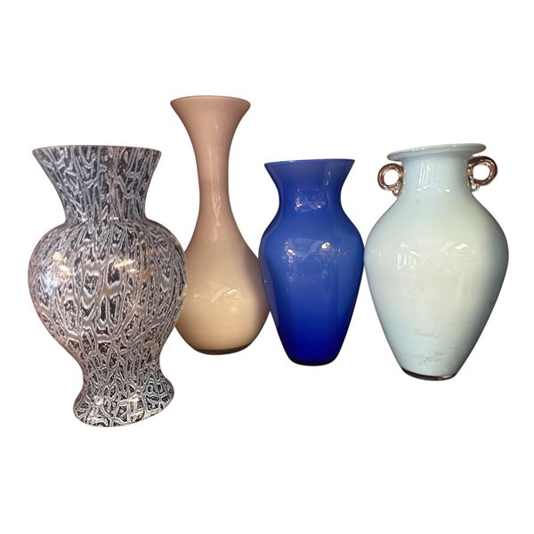 Quartet of Glass Vases Mixed Patterns Tallest 10 Inches Decorative Art Glass