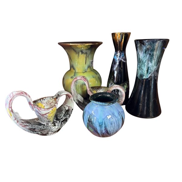 Collection of 6 Glazed Studio Pottery Vases and Candlestick Holders Mostly German Origin