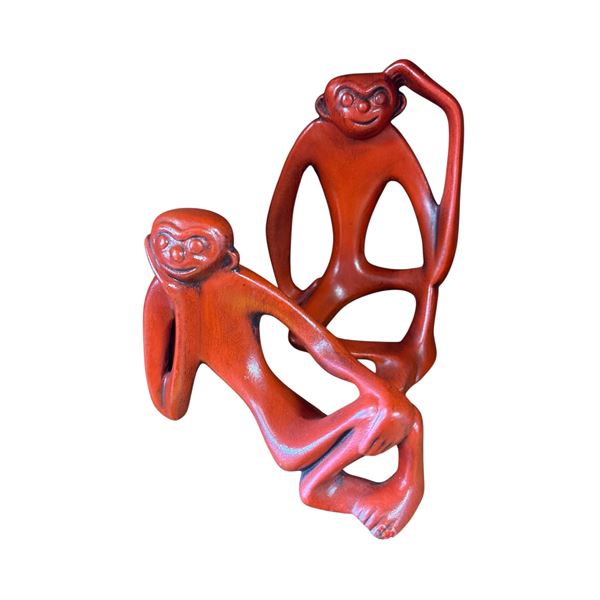 Pair of Modernist Red Ceramic Monkey Sculptures Attributed to Jaru 6 Inch Tall