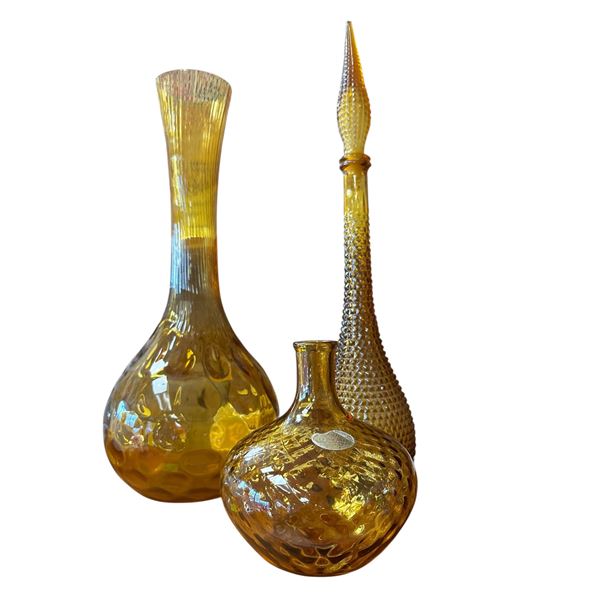 Emploi Italian Art Glass Amber Vase Trio: Genie Bottle, Decanter and Tall Vase 22 Inch