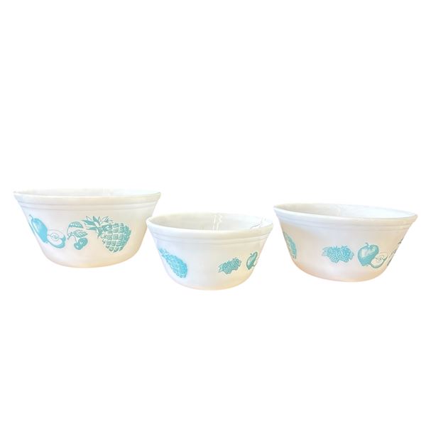 Federal Glass Bowls, Set of 3 Mixing Bowls, Fruit Fare Pattern, White Milk Glass, Mid-20th Century