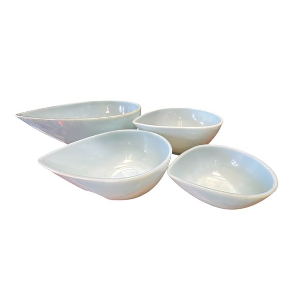 Set of 4 Fire King Swedish Modern Teardrop Bowls, Turquoise Blue, Anchor Hocking, 1950s